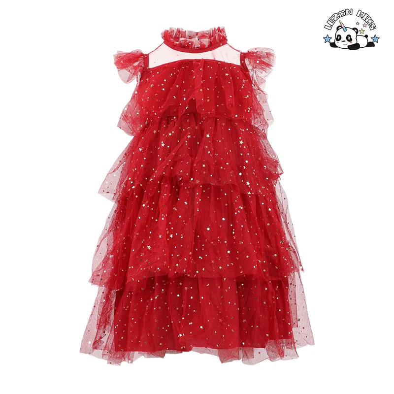 LEZONKIDS - Summer Clothing Shining Layered Gauze Ball Gown Cake Girl Dresses for Wedding Pageant Party